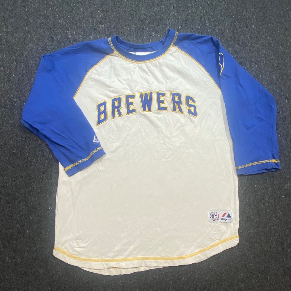 Majestic Baseball Youth L 14/16 MLB Milwaukee Brewers Raglan 3/4 Sleeve Shirt